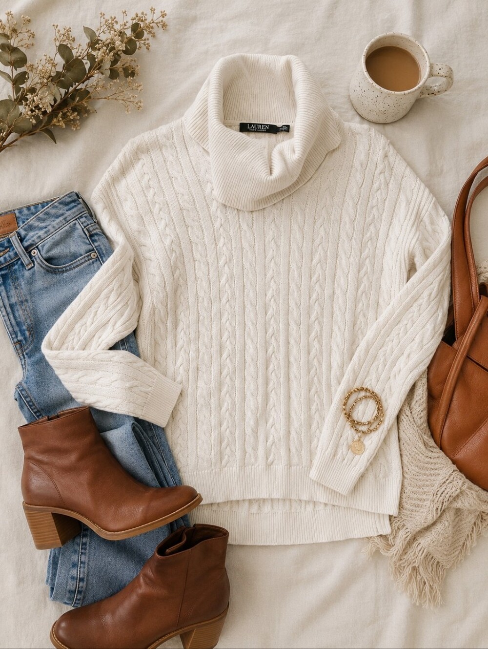 Ralph Lauren Cable Knit Turtleneck Sweater Cream Cotton Cozy Classic Size L